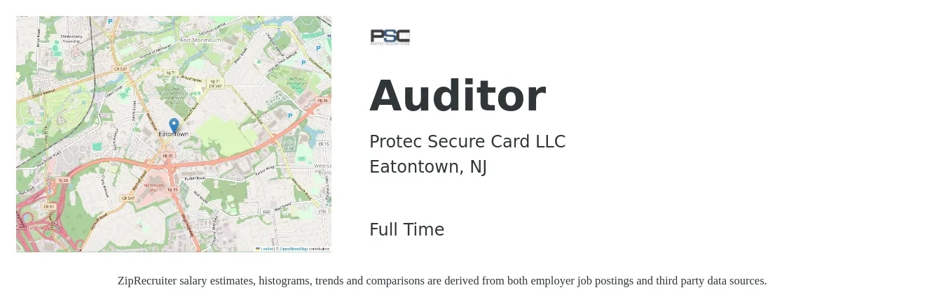 Protec Secure Card LLC job posting for a Auditor in Eatontown, NJ with a salary of $47,400 to $99,200 Yearly with a map of Eatontown location.