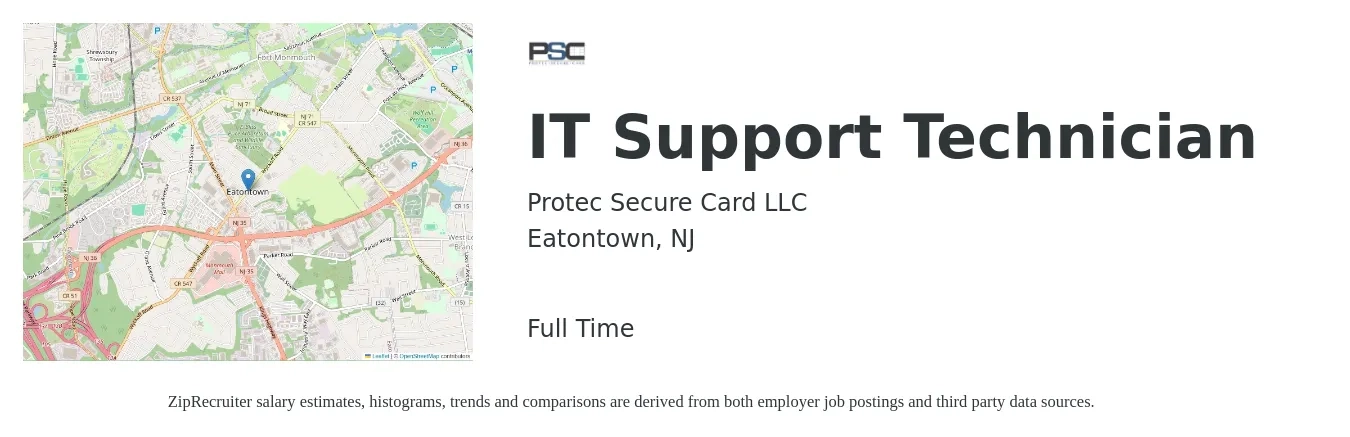 Protec Secure Card LLC job posting for a IT Support Technician in Eatontown, NJ with a salary of $22 to $30 Hourly with a map of Eatontown location.