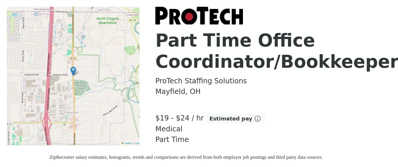 ProTech Staffing Solutions job posting for a Part Time Office Coordinator/Bookkeeper in Mayfield, OH with a salary of $20 to $25 Hourly and benefits including medical with a map of Mayfield location.
