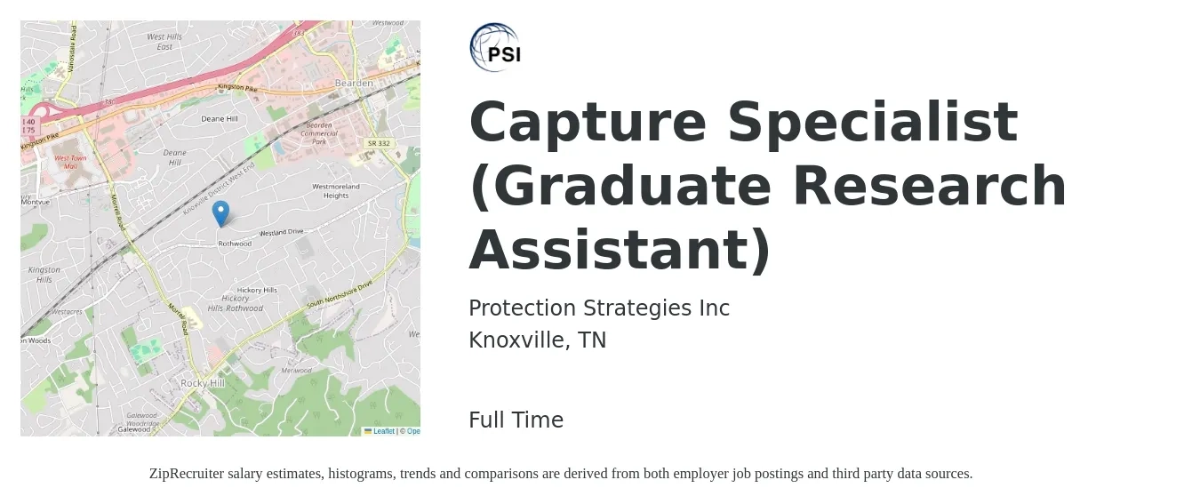 Protection Strategies Inc job posting for a Capture Specialist (Graduate Research Assistant) in Knoxville, TN with a salary of $16 to $22 Hourly with a map of Knoxville location.