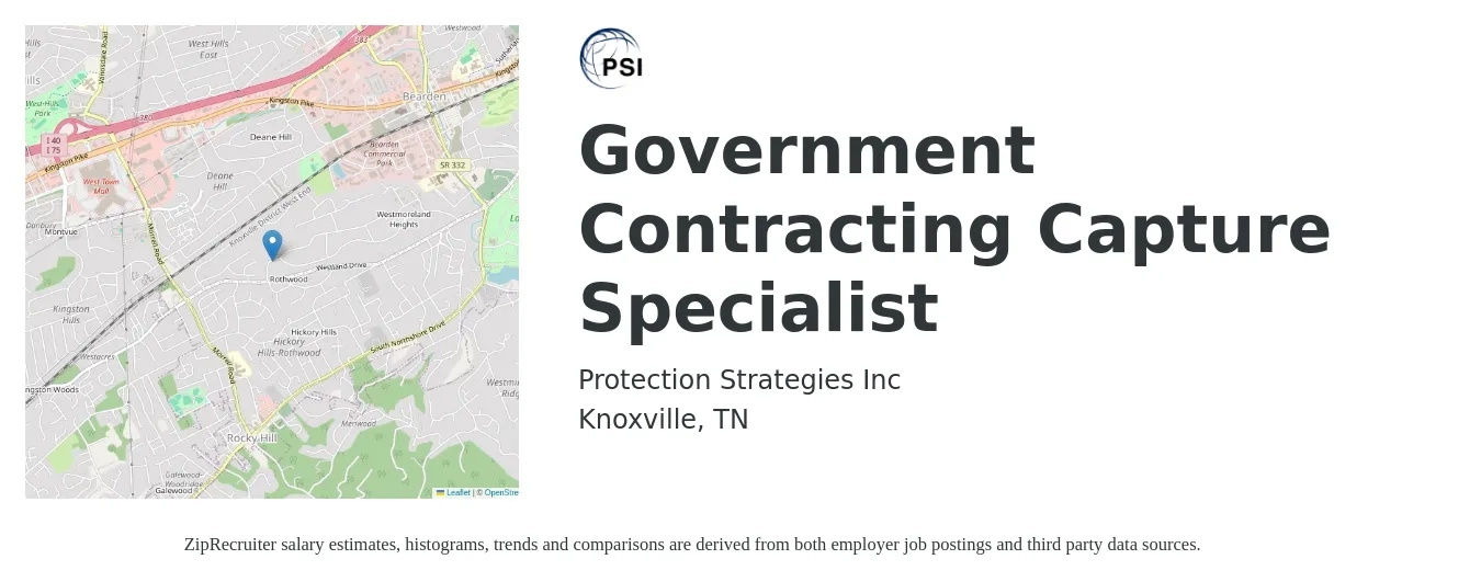 Protection Strategies Inc job posting for a Government Contracting Capture Specialist in Knoxville, TN with a salary of $15 to $40 Hourly with a map of Knoxville location.