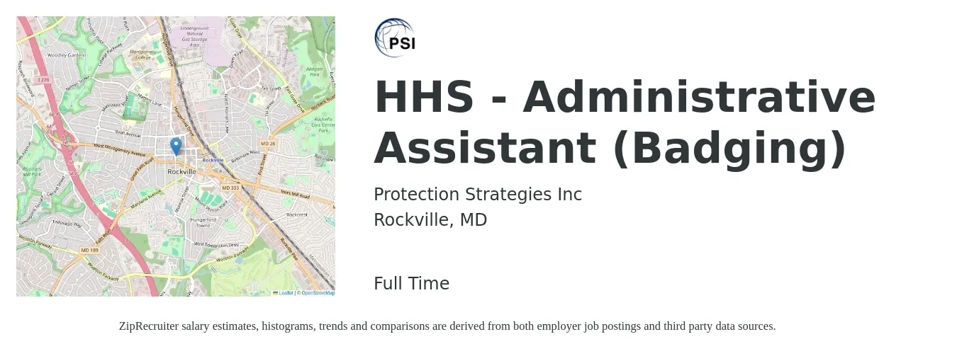 Protection Strategies, Inc. job posting for a HHS - Administrative Assistant (Badging) in Rockville, MD with a salary of $18 to $25 Hourly with a map of Rockville location.