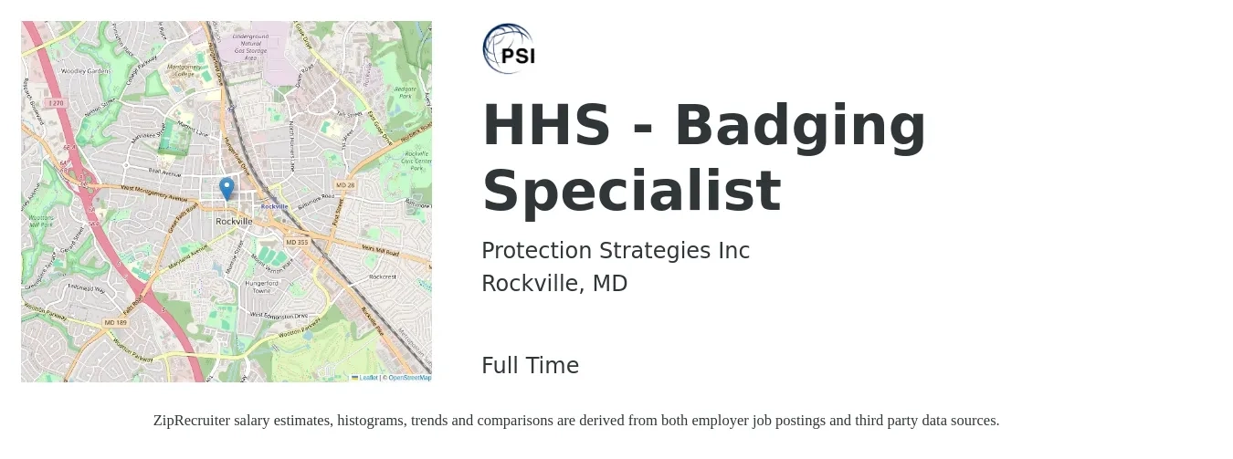 Protection Strategies, Inc. job posting for a HHS - Badging Specialist in Rockville, MD with a map of Rockville location.