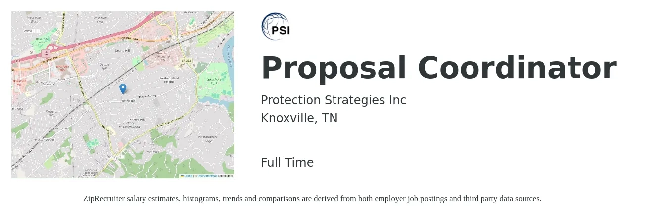 Protection Strategies Inc job posting for a Proposal Coordinator in Knoxville, TN with a salary of $49,000 to $65,100 Yearly with a map of Knoxville location.