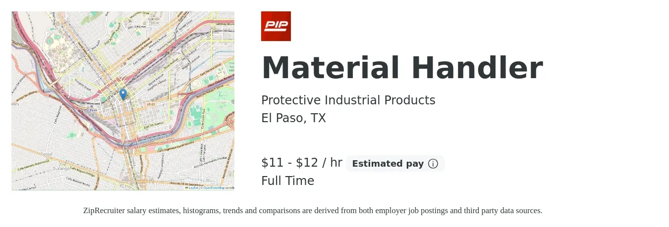 Protective Industrial Products job posting for a Material Handler in El Paso, TX with a salary of $12 to $13 Hourly with a map of El Paso location.