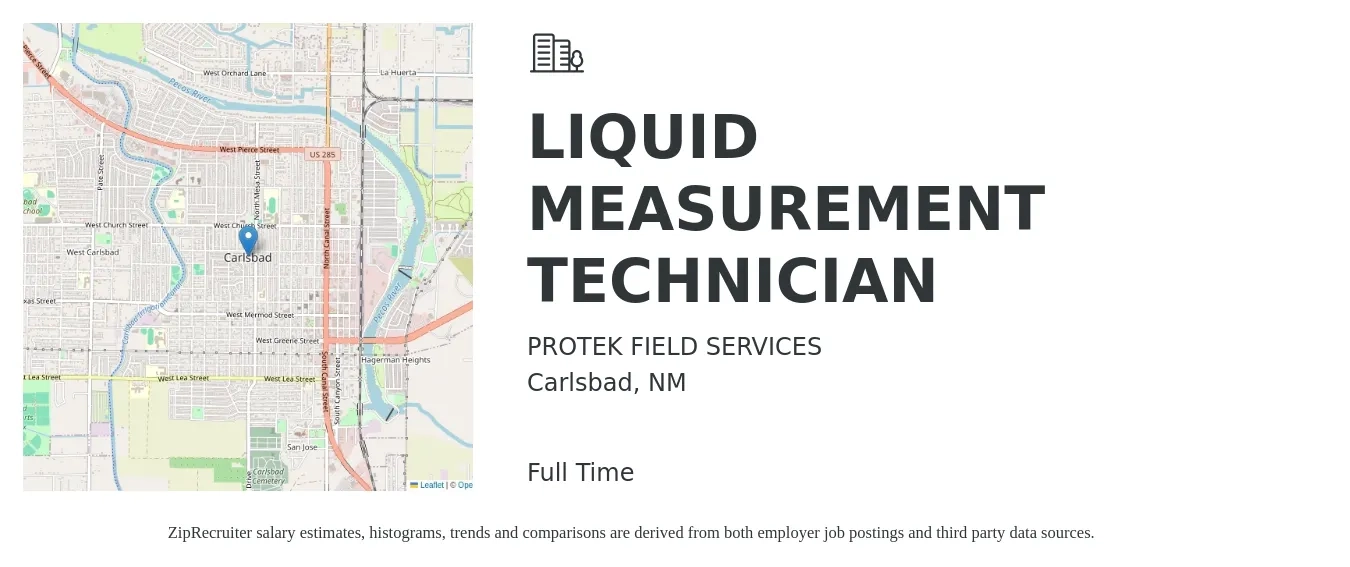 PROTEK FIELD SERVICES job posting for a LIQUID MEASUREMENT TECHNICIAN in Carlsbad, NM with a salary of $20 to $30 Hourly with a map of Carlsbad location.