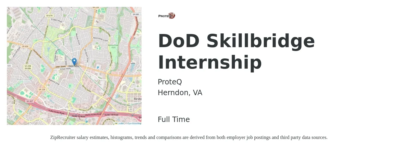 ProteQ job posting for a DoD Skillbridge Internship in Herndon, VA with a salary of $18 to $26 Hourly with a map of Herndon location.