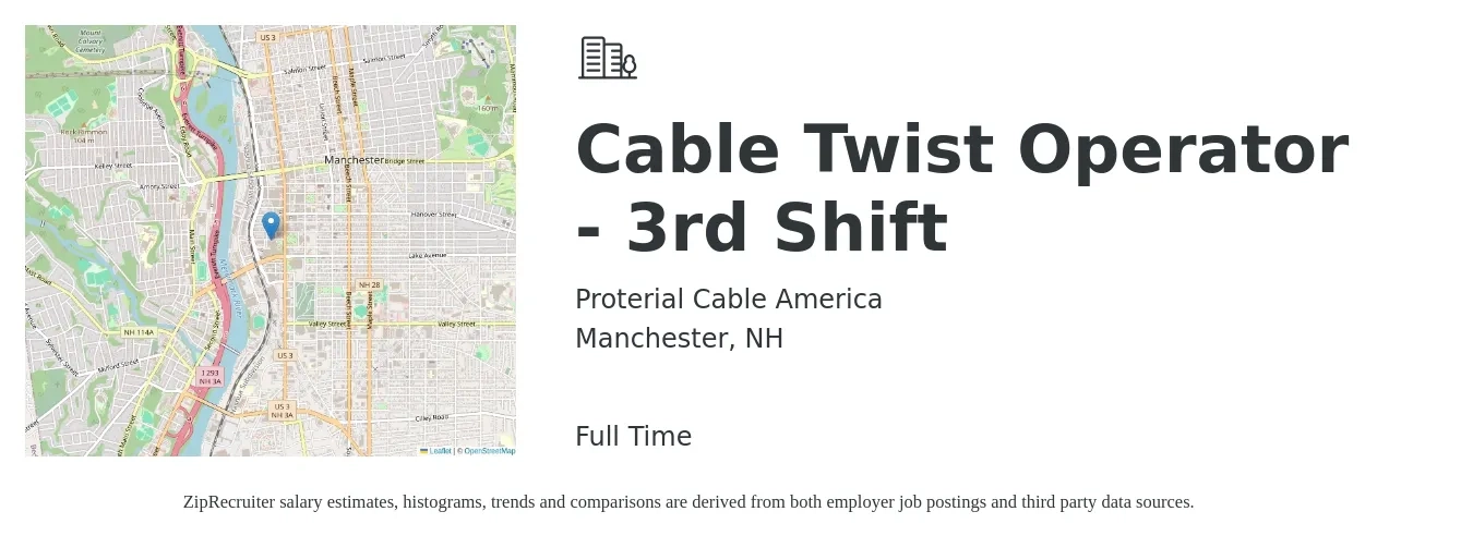 Proterial Cable America job posting for a Cable Twist Operator - 3rd Shift in Manchester, NH with a salary of $16 to $20 Hourly with a map of Manchester location.