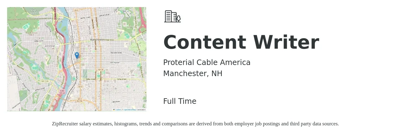 Proterial Cable America job posting for a Content Writer in Manchester, NH with a salary of $24 to $47 Hourly with a map of Manchester location.
