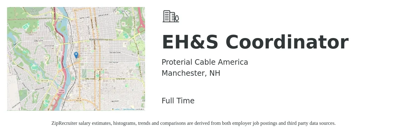 Proterial Cable America job posting for a EH&S Coordinator in Manchester, NH with a salary of $26 to $36 Hourly with a map of Manchester location.