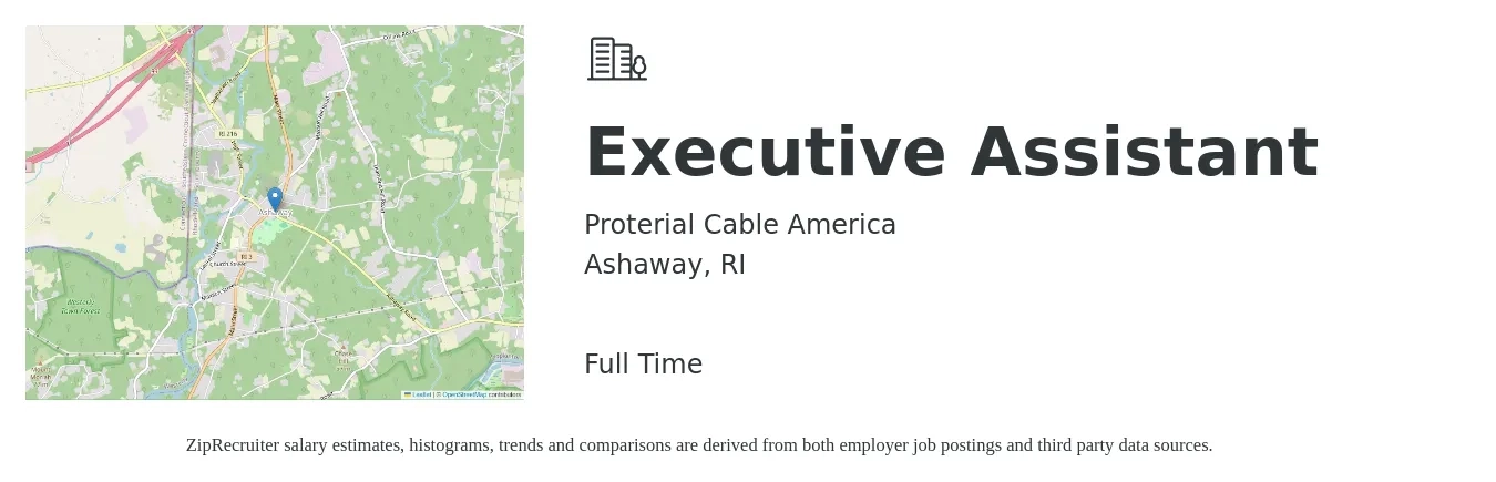 Proterial Cable America job posting for a Executive Assistant in Ashaway, RI with a salary of $51,100 to $76,700 Yearly with a map of Ashaway location.