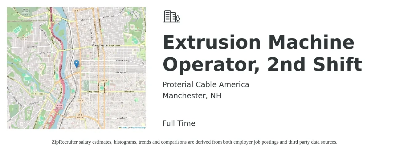 Proterial Cable America job posting for a Extrusion Machine Operator, 2nd Shift in Manchester, NH with a salary of $17 to $22 Hourly with a map of Manchester location.