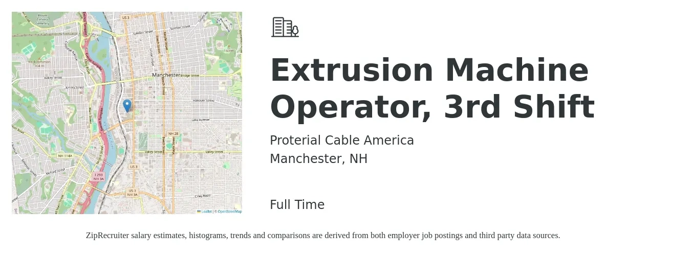 Proterial Cable America job posting for a Extrusion Machine Operator, 3rd Shift in Manchester, NH with a salary of $16 to $20 Hourly with a map of Manchester location.