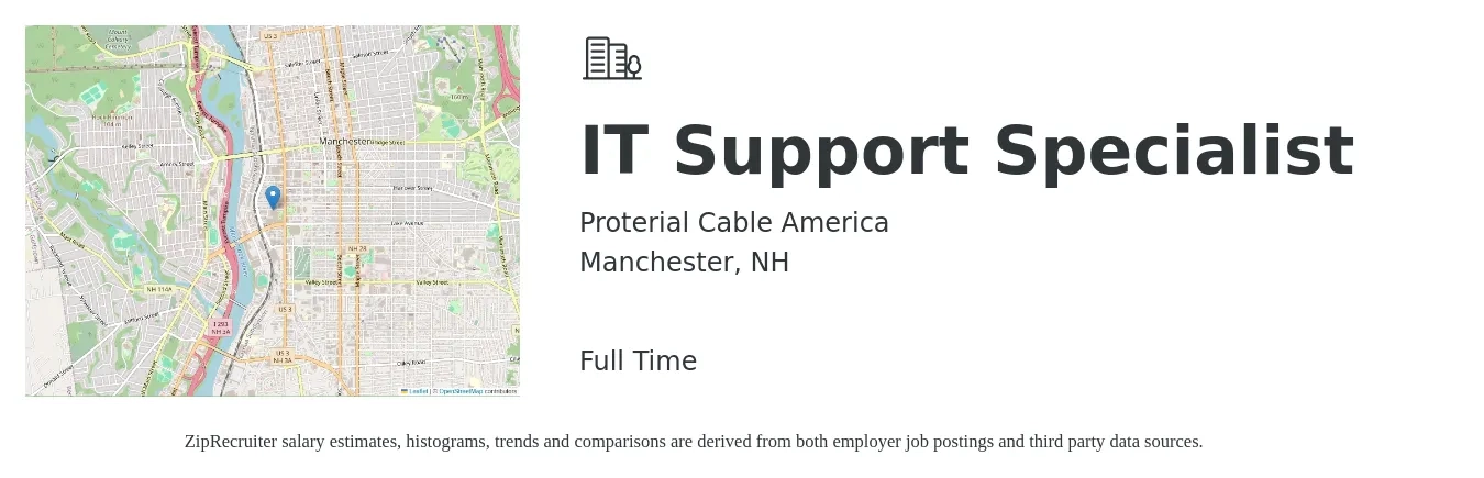 Proterial Cable America job posting for a IT Support Specialist in Manchester, NH with a salary of $45,200 to $91,400 Yearly with a map of Manchester location.