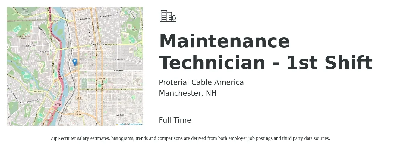Proterial Cable America job posting for a Maintenance Technician - 1st Shift in Manchester, NH with a salary of $19 to $26 Hourly with a map of Manchester location.