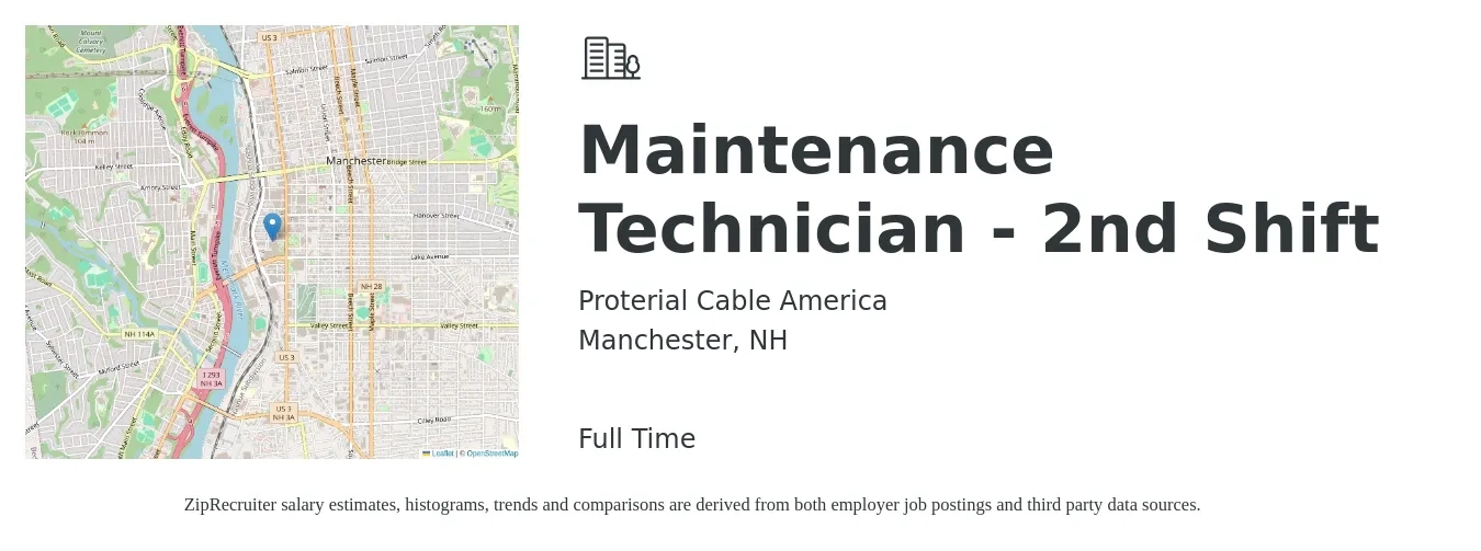 Proterial Cable America job posting for a Maintenance Technician - 2nd Shift in Manchester, NH with a salary of $22 to $29 Hourly with a map of Manchester location.