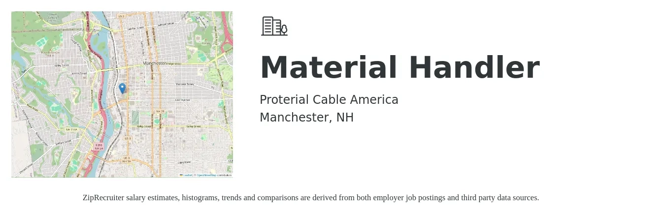 Proterial Cable America job posting for a Material Handler in Manchester, NH with a salary of $16 to $20 Hourly with a map of Manchester location.
