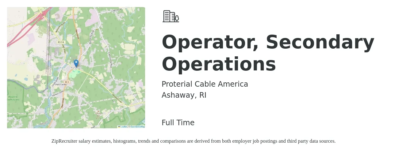 Proterial Cable America job posting for a Operator, Secondary Operations in Ashaway, RI with a salary of $18 to $24 Hourly with a map of Ashaway location.