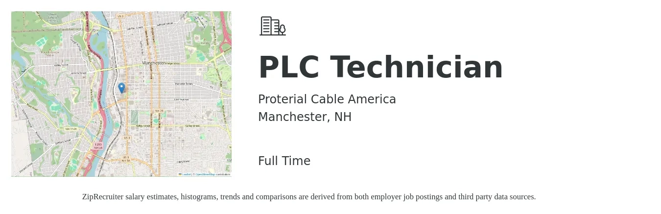 Proterial Cable America job posting for a PLC Technician in Manchester, NH with a salary of $31 to $38 Hourly with a map of Manchester location.
