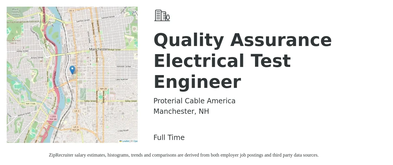 Proterial Cable America job posting for a Quality Assurance Electrical Test Engineer in Manchester, NH with a salary of $40 to $55 Hourly with a map of Manchester location.