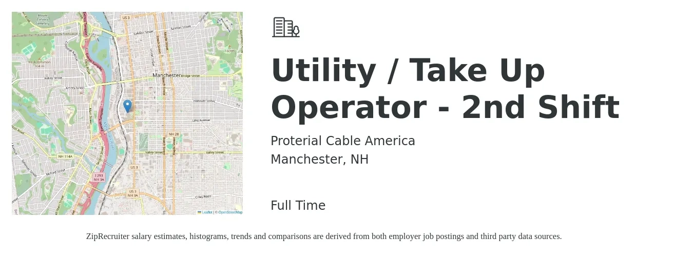 Proterial Cable America job posting for a Utility / Take Up Operator - 2nd Shift in Manchester, NH with a salary of $21 to $31 Hourly with a map of Manchester location.