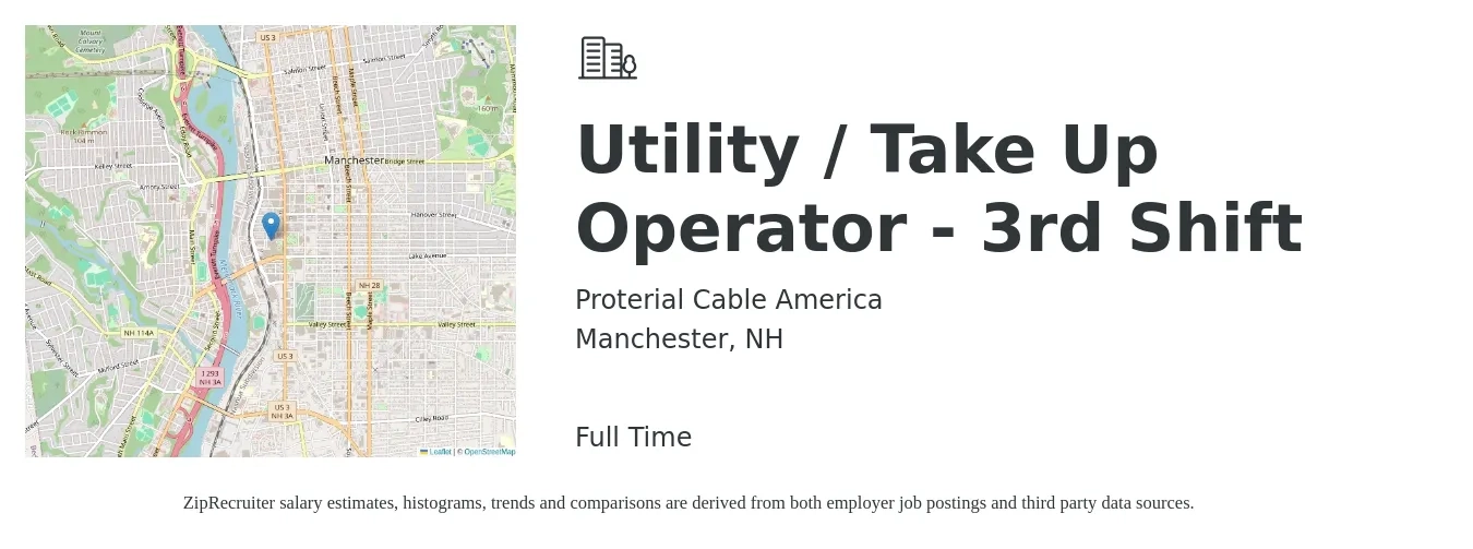 Proterial Cable America job posting for a Utility / Take Up Operator - 3rd Shift in Manchester, NH with a salary of $21 to $31 Hourly with a map of Manchester location.