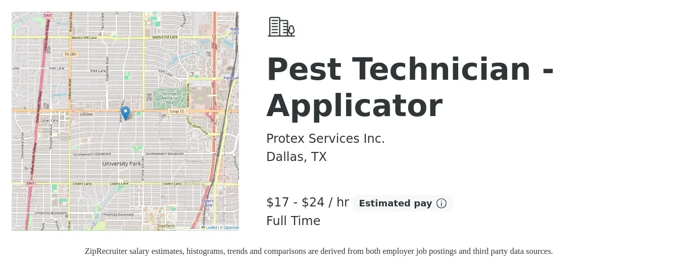 Protex Services Inc. job posting for a Pest Technician - Applicator in Dallas, TX with a salary of $18 to $25 Hourly with a map of Dallas location.