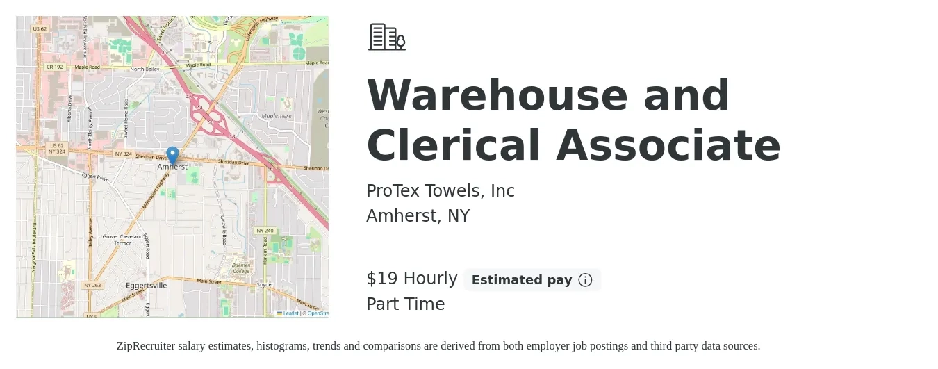 ProTex Towels, Inc job posting for a Warehouse and Clerical Associate in Amherst, NY with a salary of $20 Hourly and benefits including pto, and retirement with a map of Amherst location.