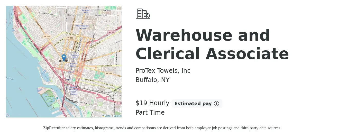 ProTex Towels, Inc job posting for a Warehouse and Clerical Associate in Buffalo, NY with a salary of $20 Hourly and benefits including pto, and retirement with a map of Buffalo location.