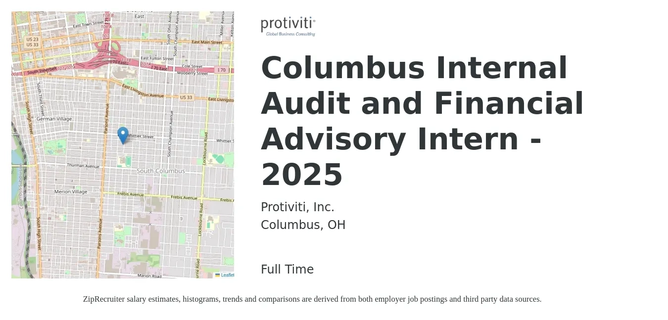 Protiviti, Inc. job posting for a Columbus Internal Audit and Financial Advisory Intern - 2025 in Columbus, OH with a salary of $17 to $22 Hourly with a map of Columbus location.
