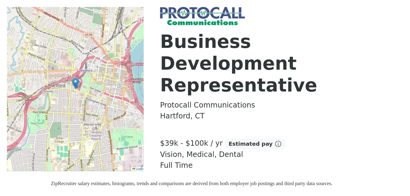 Protocall Communications job posting for a Business Development Representative in Hartford, CT with a salary of $39,000 to $100,000 Yearly (plus commission) and benefits including dental, medical, pto, and vision with a map of Hartford location.