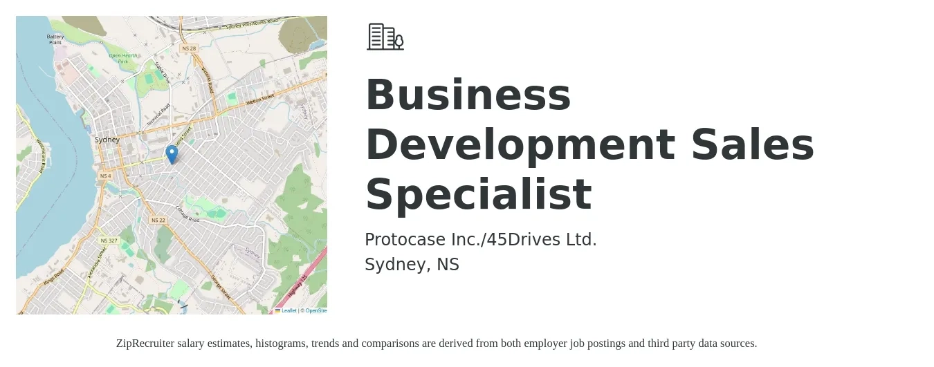Protocase Inc./45Drives Ltd. job posting for a Business Development Sales Specialist in Sydney, NS with a map of Sydney location.