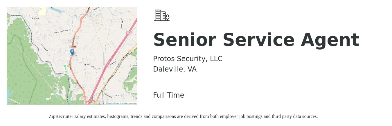 Protos Security, LLC job posting for a Senior Service Agent in Daleville, VA with a salary of $88,400 to $104,500 Yearly with a map of Daleville location.