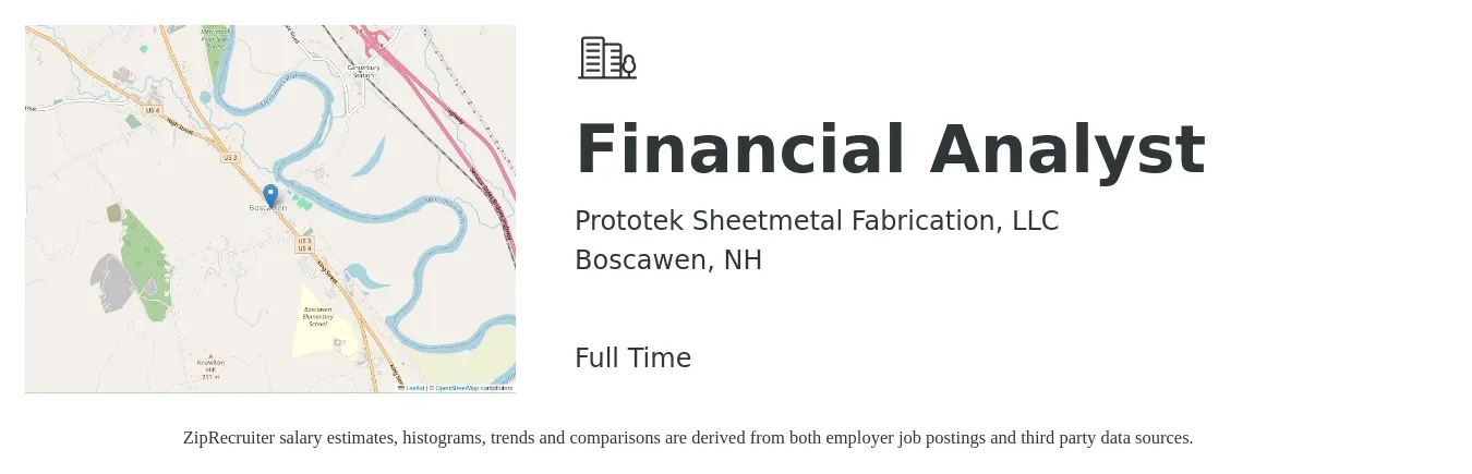 Prototek Sheetmetal Fabrication, LLC job posting for a Financial Analyst in Boscawen, NH with a salary of $75,000 to $90,000 Yearly with a map of Boscawen location.