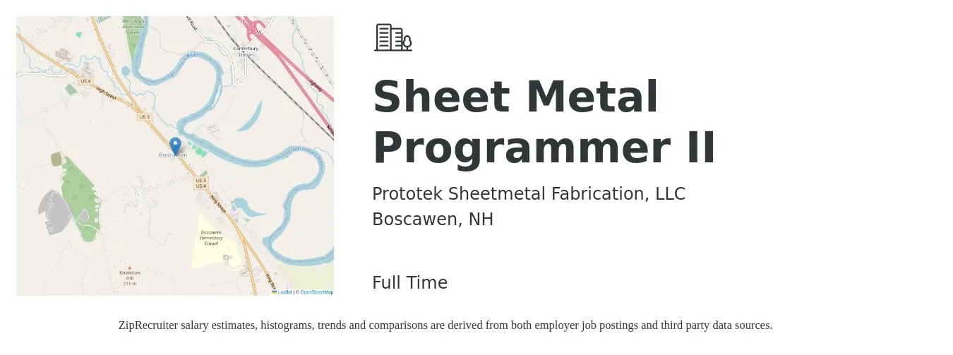 Prototek Sheetmetal Fabrication, LLC job posting for a Sheet Metal Programmer II in Boscawen, NH with a salary of $27 to $36 Hourly with a map of Boscawen location.