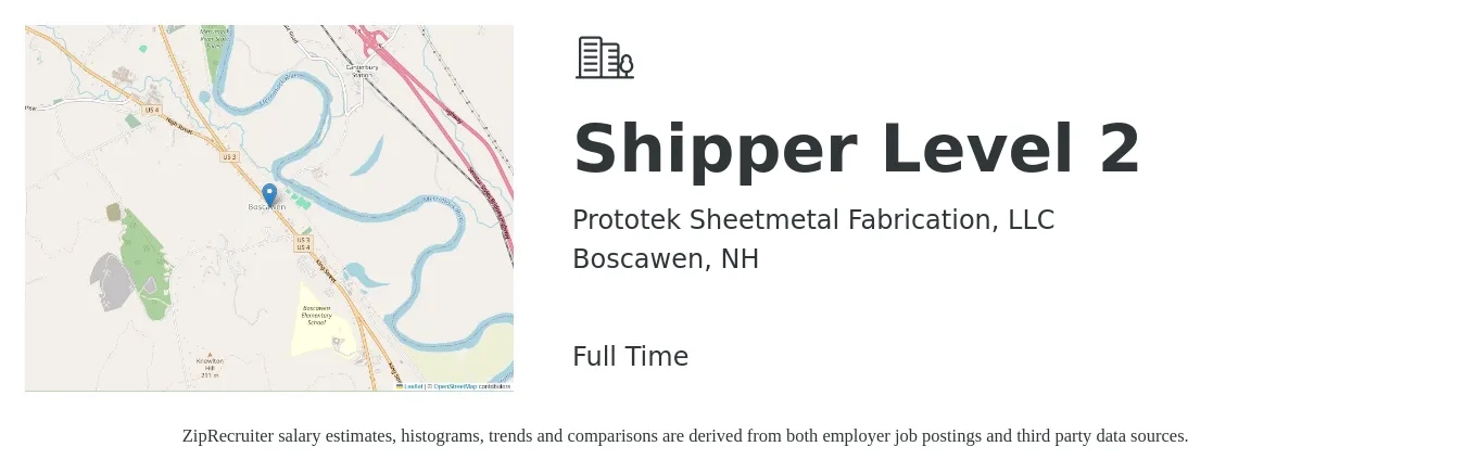 Prototek Sheetmetal Fabrication, LLC job posting for a Shipper Level 2 in Boscawen, NH with a salary of $16 to $20 Hourly with a map of Boscawen location.
