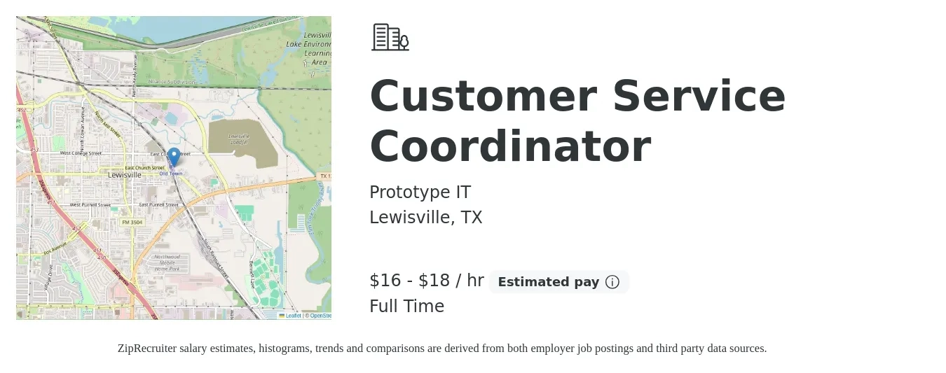 Prototype IT job posting for a Customer Service Coordinator in Lewisville, TX with a salary of $17 to $19 Hourly with a map of Lewisville location.