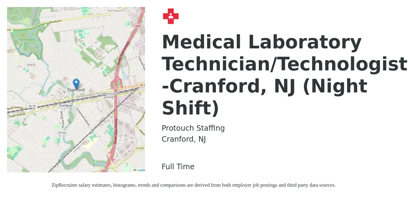 Protouch Staffing job posting for a Medical Laboratory Technician/Technologist -Cranford, NJ (Night Shift) in Cranford, NJ with a salary of $1,180 to $2,420 Weekly with a map of Cranford location.