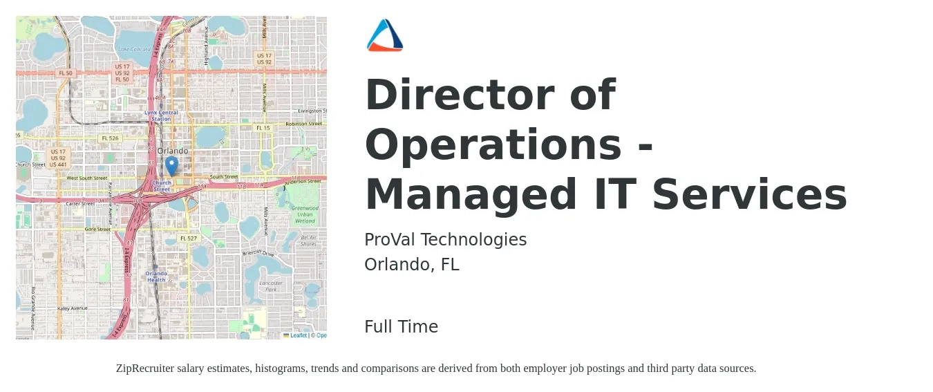 ProVal Technologies job posting for a Director of Operations - Managed IT Services in Orlando, FL with a salary of $150,000 to $200,000 Yearly with a map of Orlando location.