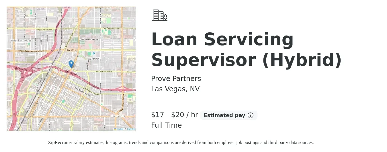 Prove Partners job posting for a Loan Servicing Supervisor (Hybrid) in Las Vegas, NV with a salary of $18 to $21 Hourly with a map of Las Vegas location.