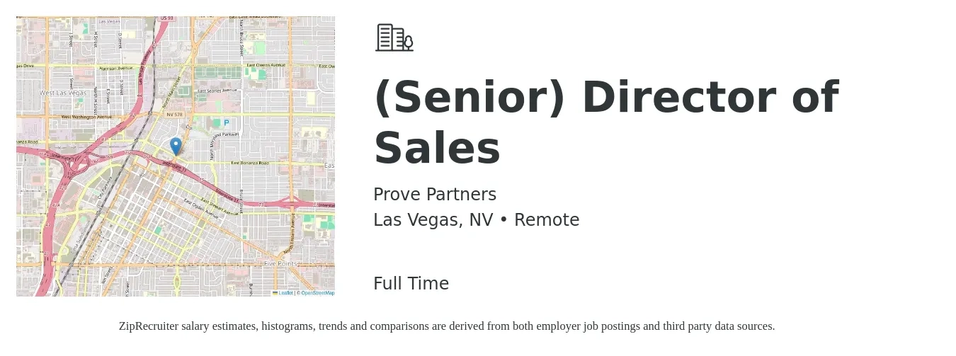 Prove Partners job posting for a (Senior) Director of Sales in Las Vegas, NV with a salary of $70,200 to $145,900 Yearly with a map of Las Vegas location.