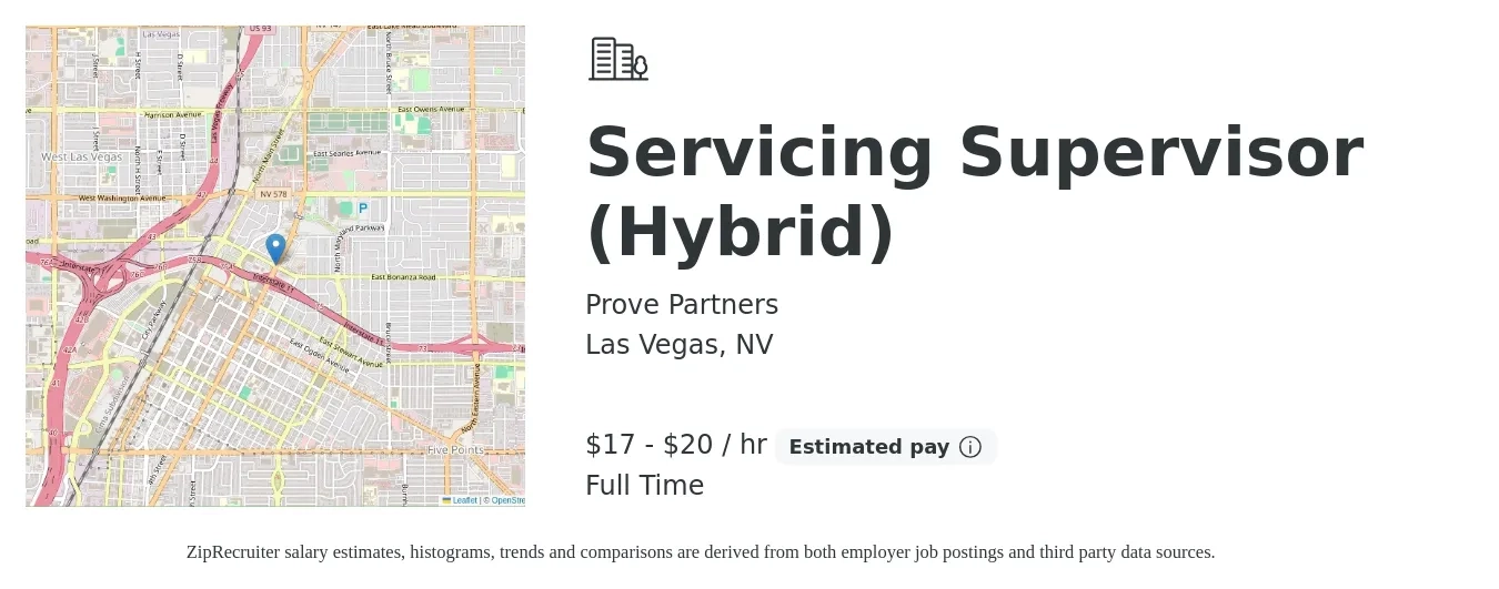 Prove Partners job posting for a Servicing Supervisor (Hybrid) in Las Vegas, NV with a salary of $18 to $21 Hourly with a map of Las Vegas location.
