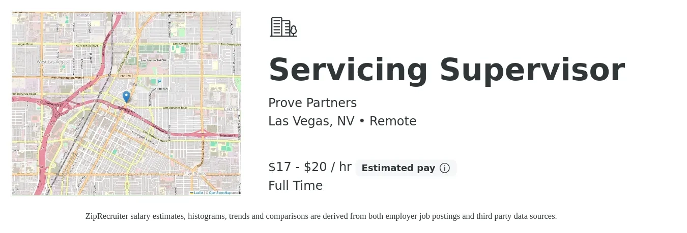 Prove Partners job posting for a Servicing Supervisor in Las Vegas, NV with a salary of $18 to $21 Hourly with a map of Las Vegas location.
