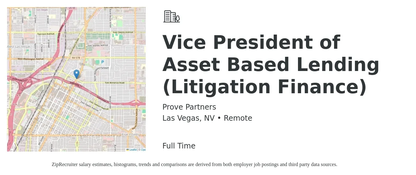 Prove Partners job posting for a Vice President of Asset Based Lending (Litigation Finance) in Las Vegas, NV with a salary of $127,700 to $185,700 Yearly with a map of Las Vegas location.