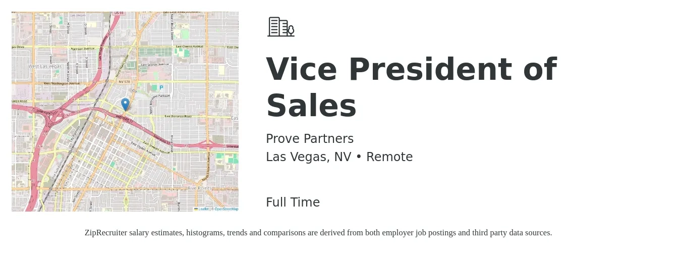 Prove Partners job posting for a Vice President of Sales in Las Vegas, NV with a salary of $116,900 to $182,400 Yearly with a map of Las Vegas location.