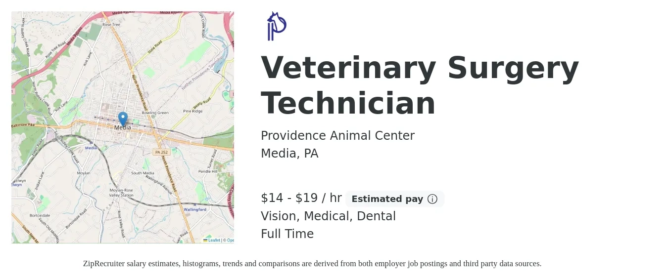 Providence Animal Center job posting for a Veterinary Surgery Technician in Media, PA with a salary of $15 to $20 Hourly and benefits including vision, dental, medical, and retirement with a map of Media location.