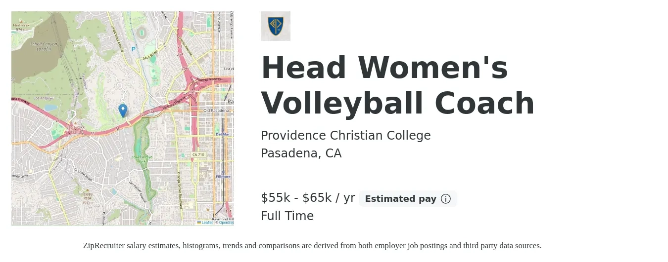 Providence Christian College job posting for a Head Women's Volleyball Coach in Pasadena, CA with a salary of $55,000 to $65,000 Yearly with a map of Pasadena location.