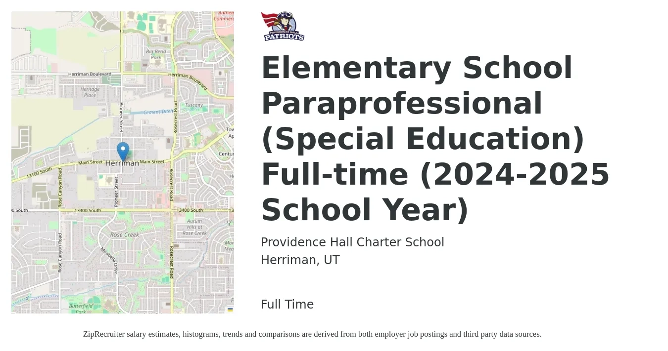 Providence Hall Charter School job posting for a Elementary School Paraprofessional (Special Education) Full-time (2024-2025 School Year) in Herriman, UT with a salary of $16 Hourly with a map of Herriman location.