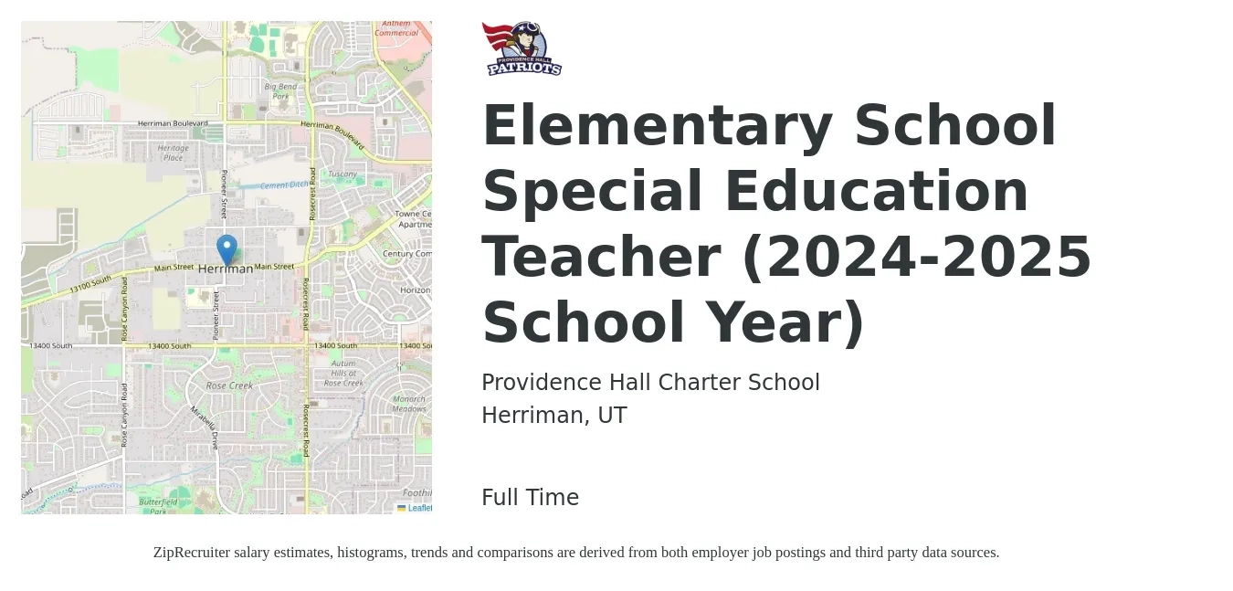 Providence Hall Charter School job posting for a Elementary School Special Education Teacher (2024-2025 School Year) in Herriman, UT with a salary of $50,400 Yearly with a map of Herriman location.