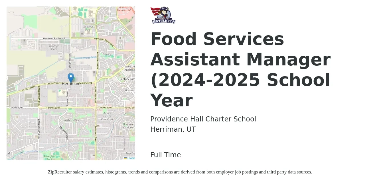 Providence Hall Charter School job posting for a Food Services Assistant Manager (2024-2025 School Year in Herriman, UT with a salary of $16 Hourly with a map of Herriman location.